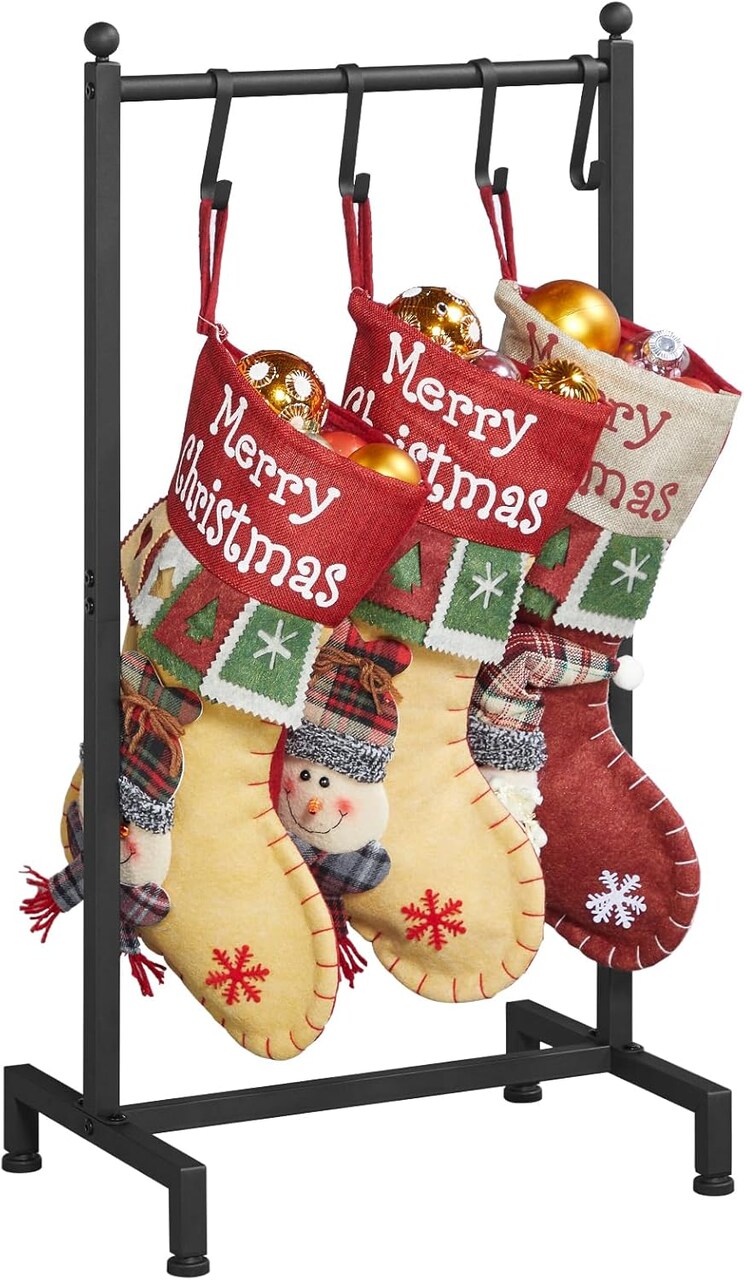 Christmas Stocking Holder, Free Standing Stocking Rack with 4 Removable Hooks, Small Stocking Stand, Heavy Duty Metal Tubes with Stable Base and Adjustable Feet, Black